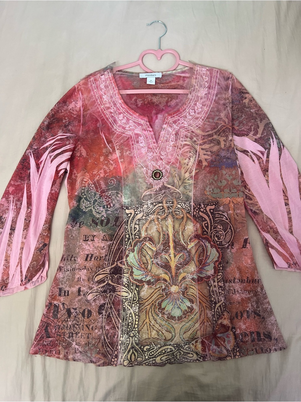 dressbarn Pink Fairy Multi-Color Embellished V-Neck Tunic